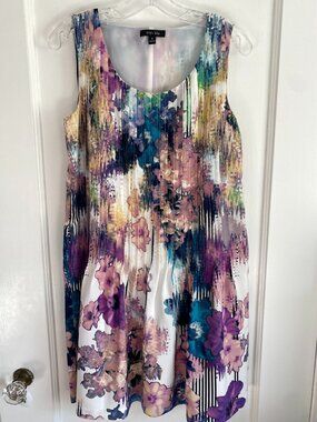 Ivy Blu Dress Womens 8‎ Watercolor Abstract Pleated Shift Pockets Purple Blue
